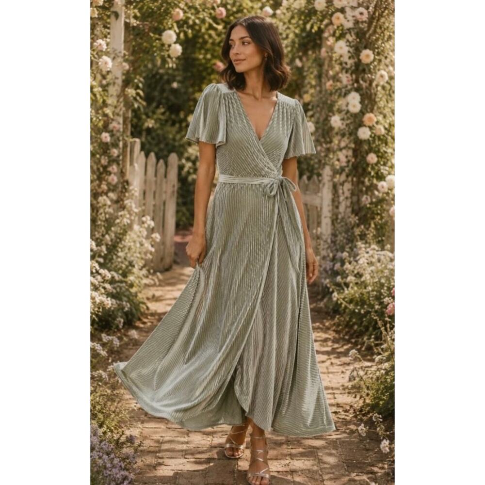 Baltic Born Andy Ribbed Velvet Maxi Wrap Dress Dusty Sage Medium Wedding - Picture 3 of 10